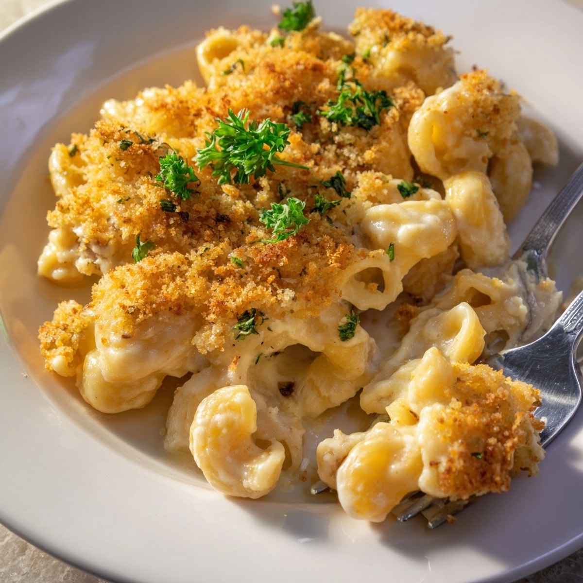 Close-up of decadent Truffle Macaroni & Cheese, oozing with cheese and smelling of truffle aroma.