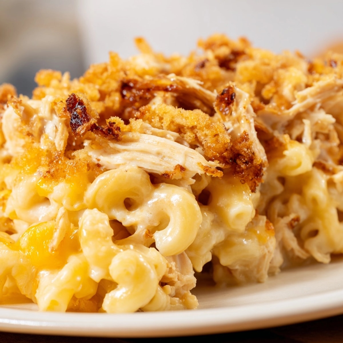 Golden, bubbly Classic Mac & Cheese with BBQ Chicken bake, ready to serve.