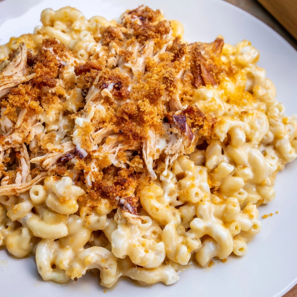 Creamy Classic Mac &amp; Cheese with BBQ Chicken bubbling hot, topped with golden panko.