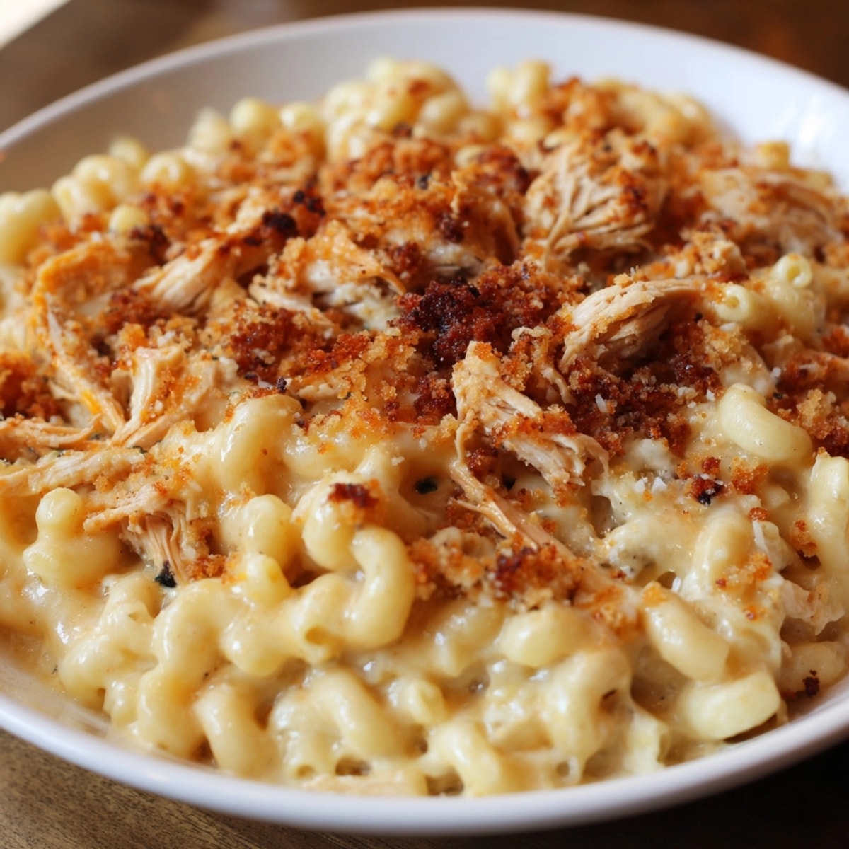 Close-up of cheesy Classic Mac &amp; Cheese with BBQ Chicken, a comforting American casserole.