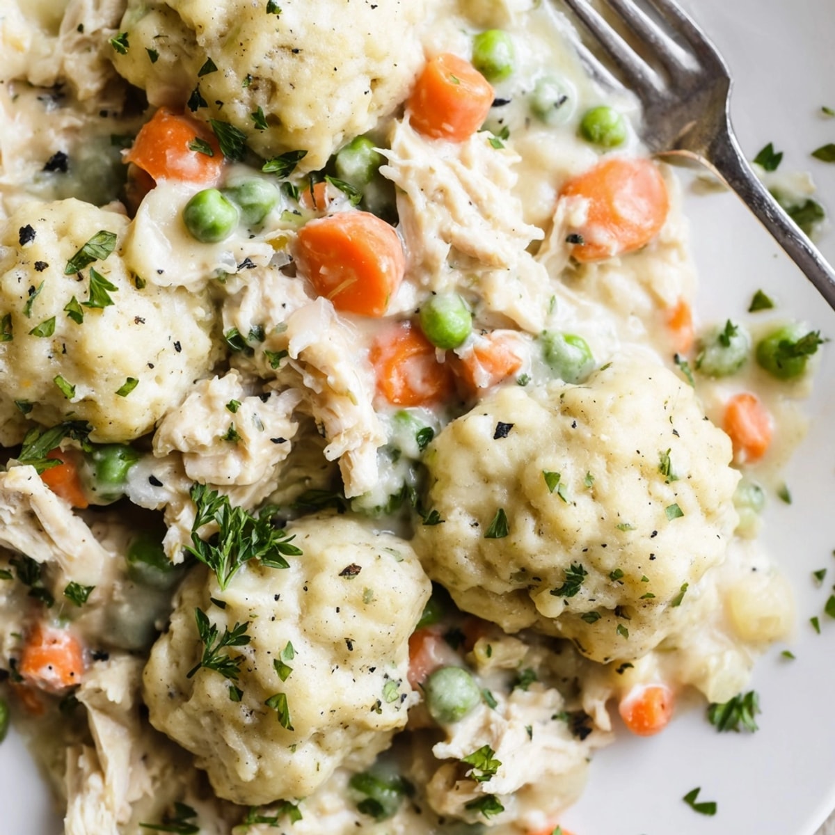 Golden brown Chicken and Dumplings Casserole, bubbling hot, savory steam rising.