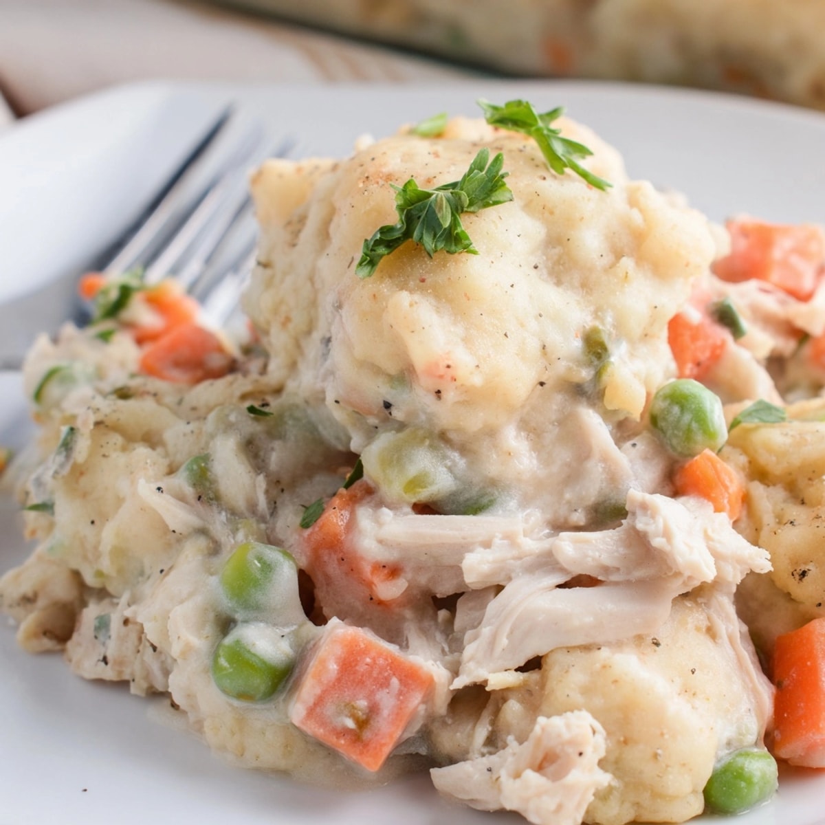 Homemade Chicken and Dumplings Casserole with fluffy, golden dumplings and creamy chicken filling.
