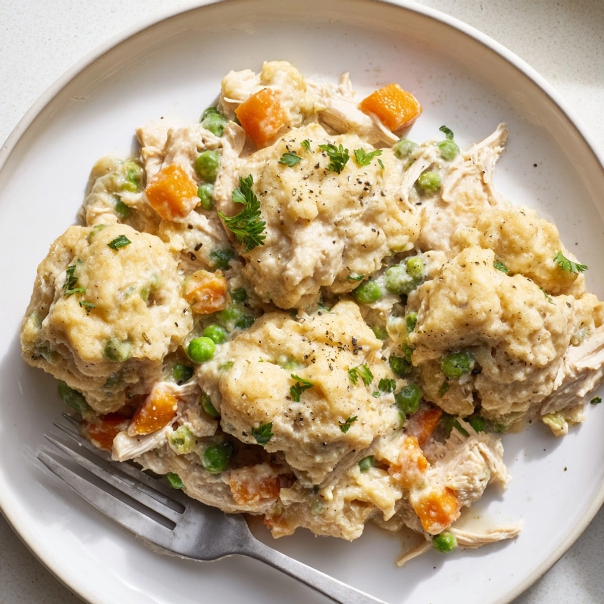 Creamy Chicken and Dumplings Casserole, ready to serve; enjoy with your favorite veggies.