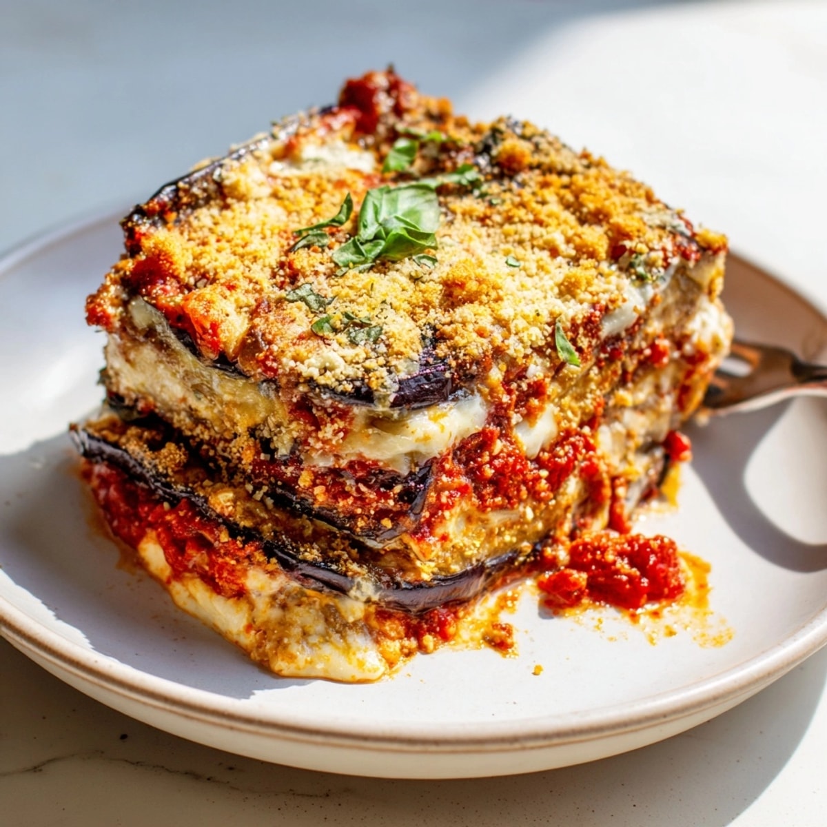 Golden Eggplant Parmesan Lasagna, bubbling with melted mozzarella, ready to serve for Sunday dinner.