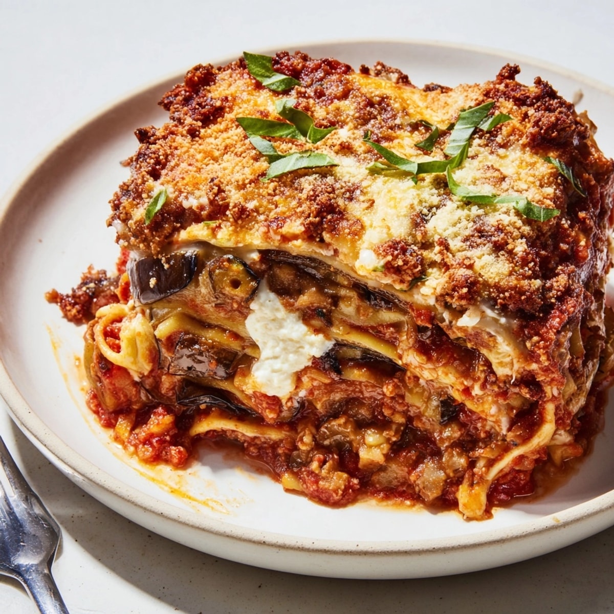 Close-up of cheesy Eggplant Parmesan Lasagna, highlighting layers of rich ricotta and toasted breadcrumbs.