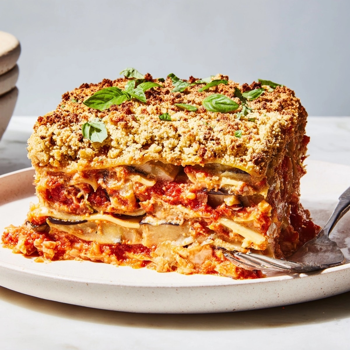 Homemade Eggplant Parmesan Lasagna: A comforting casserole with tender eggplant, sauce, and Parmesan crust.