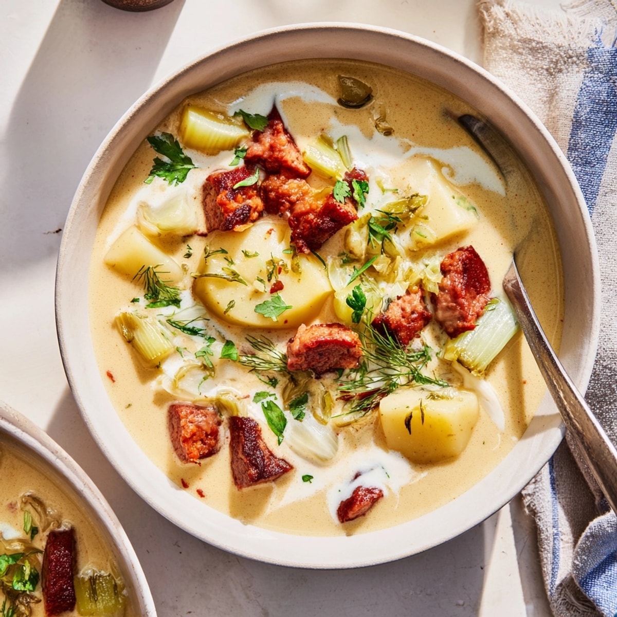Creamy Potato, Leek & Chorizo Soup Bowl with vibrant red chorizo and fresh parsley.