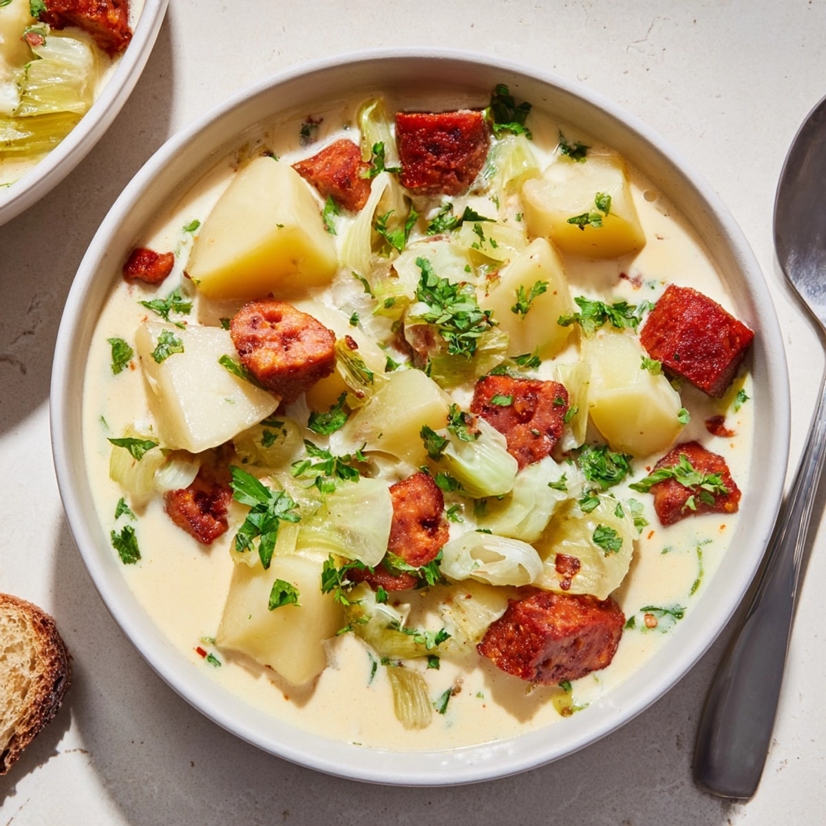 Comforting Potato, Leek &amp; Chorizo Soup Bowl&amp;mdash;a hearty, rustic meal with crusty bread.