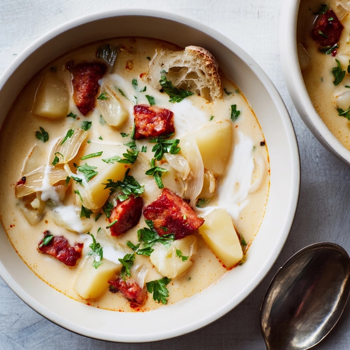 Close-up of spicy Potato, Leek &amp; Chorizo Soup Bowl, ready to warm you up.