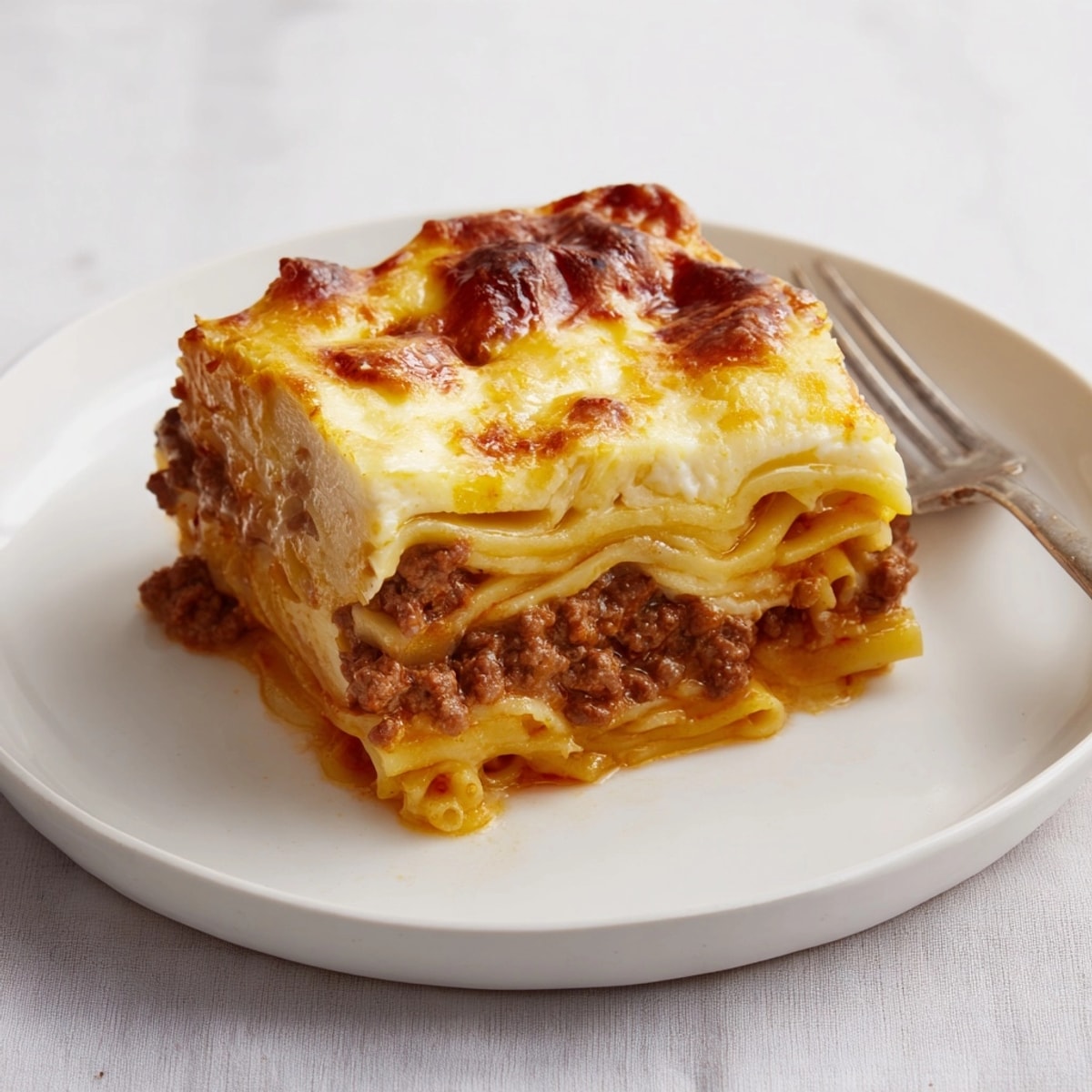 Close-up of sliced Greek Pastitsio, revealing layers of pasta, meat sauce, and rich béchamel.