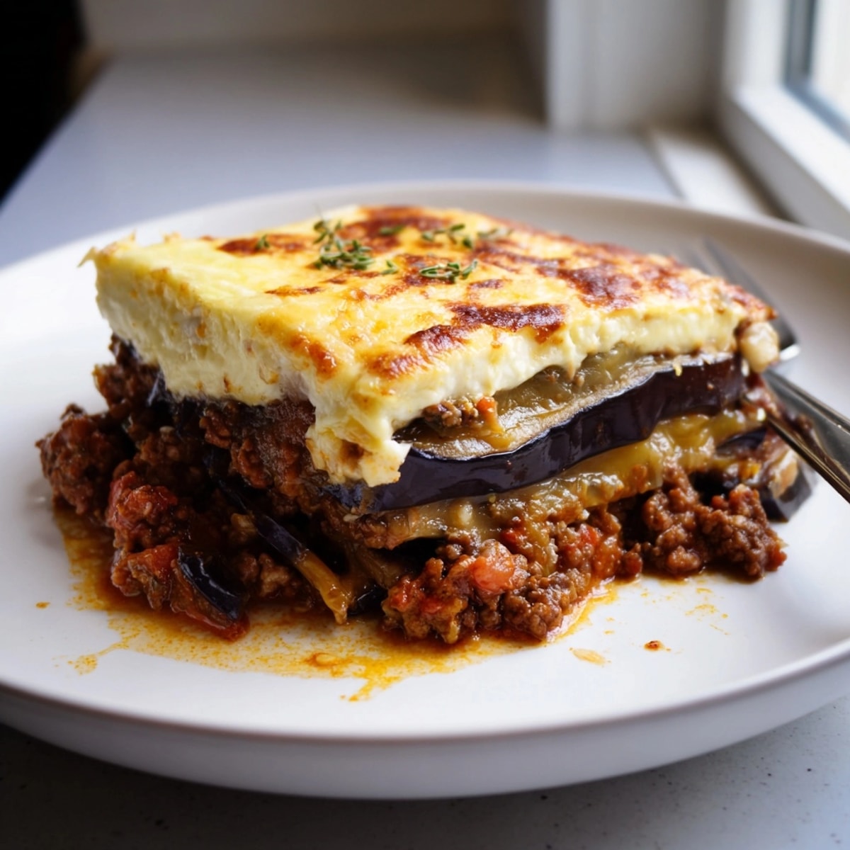 Layers of tender eggplant and spiced beef bathed in creamy béchamel, a rich Moussaka.