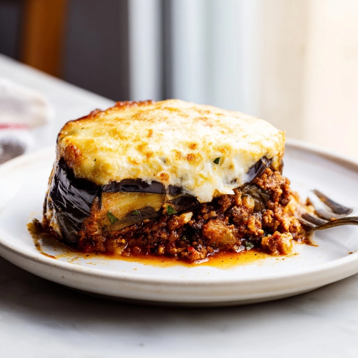 Close-up of savory Moussaka dish, showcasing the layers of eggplant, beef, and béchamel.