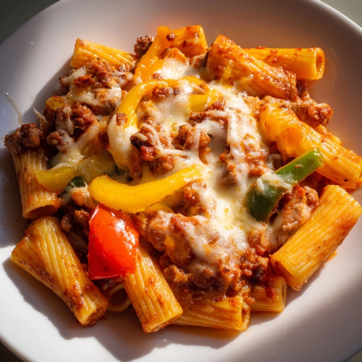 Oven-baked Rigatoni with Sausage & Peppers: a bubbled, cheesy comfort food casserole.