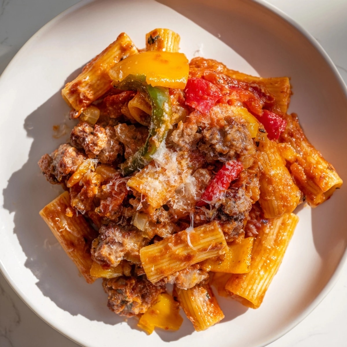 Golden-brown Baked Rigatoni with Sausage & Peppers, ready to serve at a family dinner.