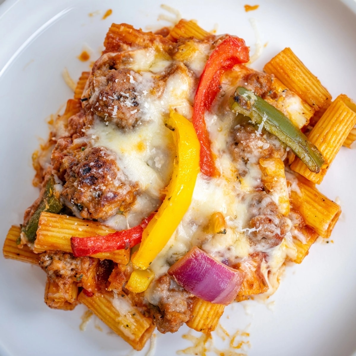A steaming serving of Baked Rigatoni with Sausage & Peppers, garnished with fresh basil.