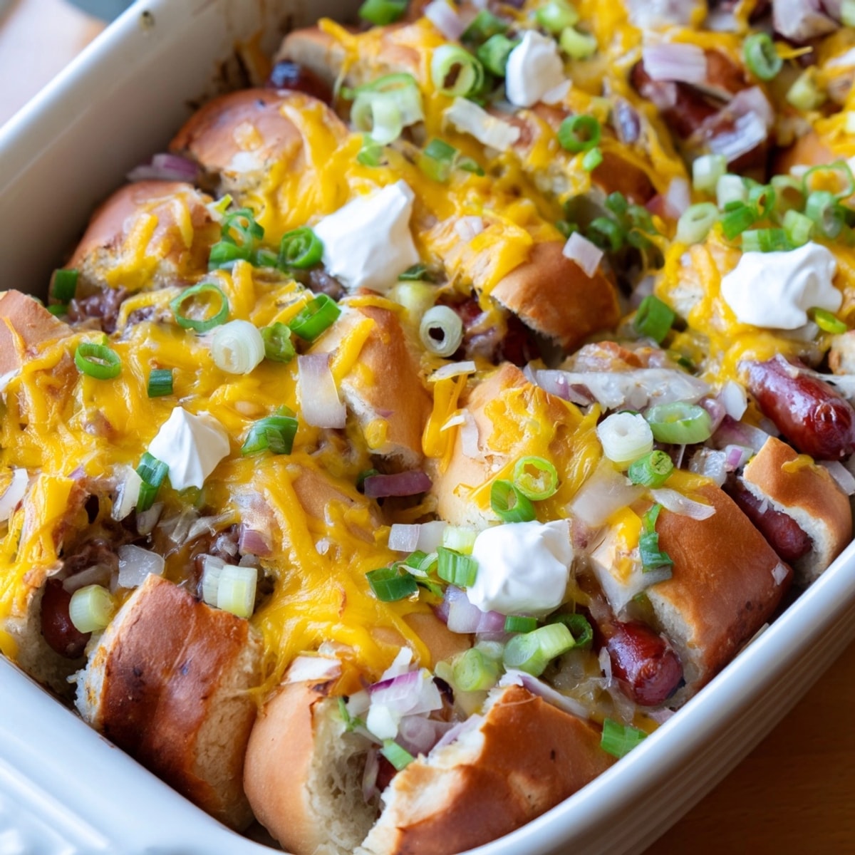 Cheesy, bubbly Chili Dog Casserole baking in a dish, topped with fresh chives.
