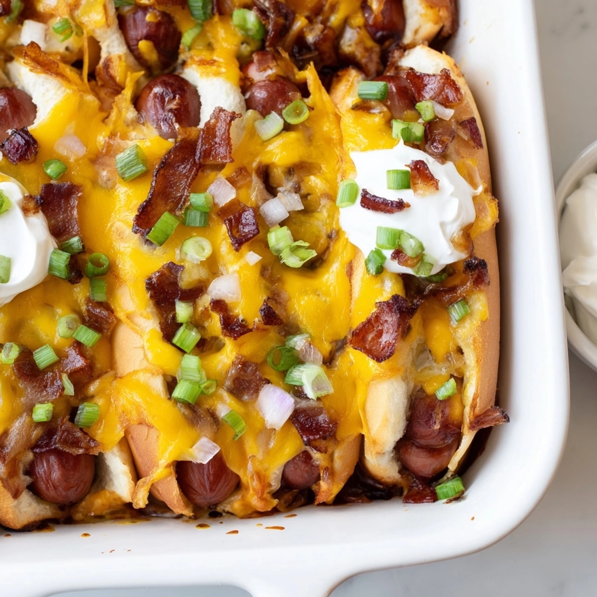 A delicious Chili Dog Casserole ready to serve, golden cheese melting over savory chili.