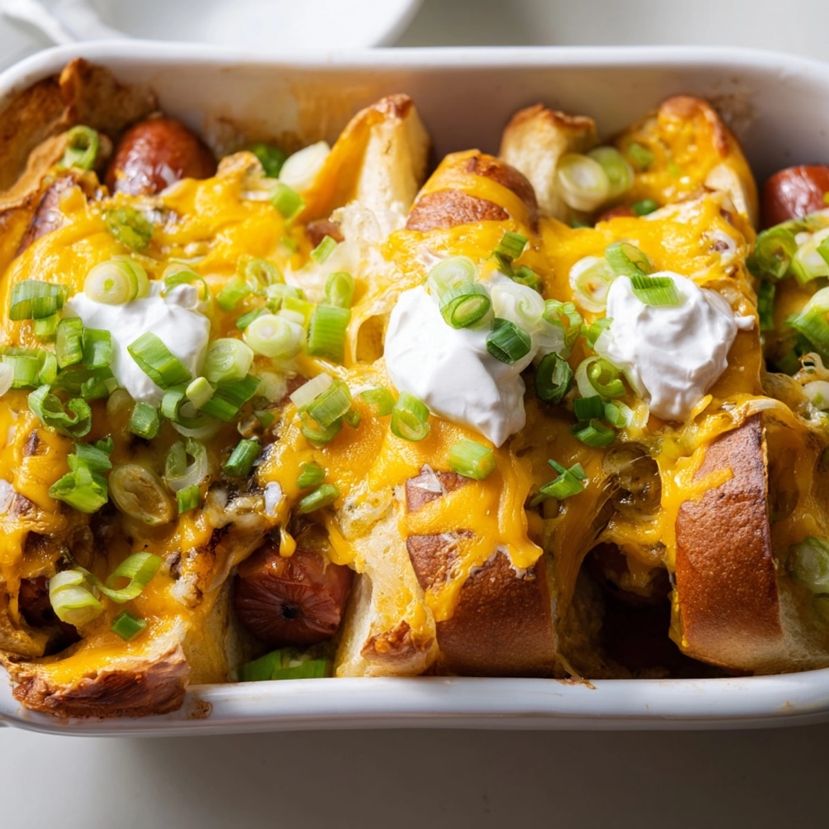 Hot and comforting Chili Dog Casserole – a perfect crowd-pleasing dinner with melted cheddar.