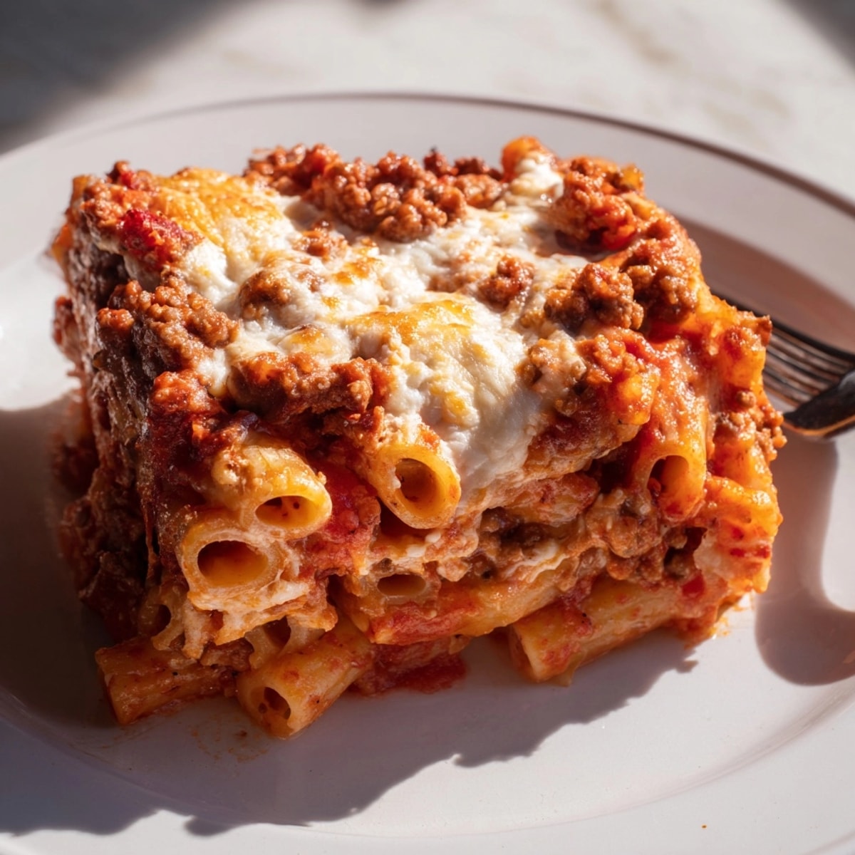 Golden-brown Baked Ziti with Meat Sauce bubbling in a baking dish, ready to be served.