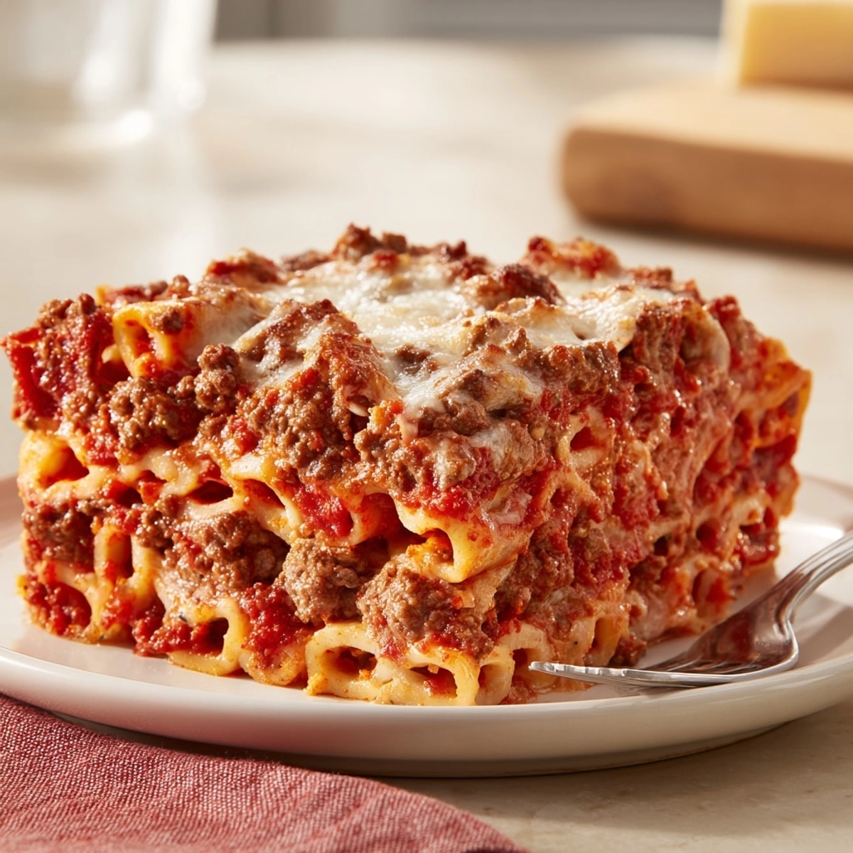 Close-up of homemade Baked Ziti with Meat Sauce, revealing layers of cheese and rich sauce.