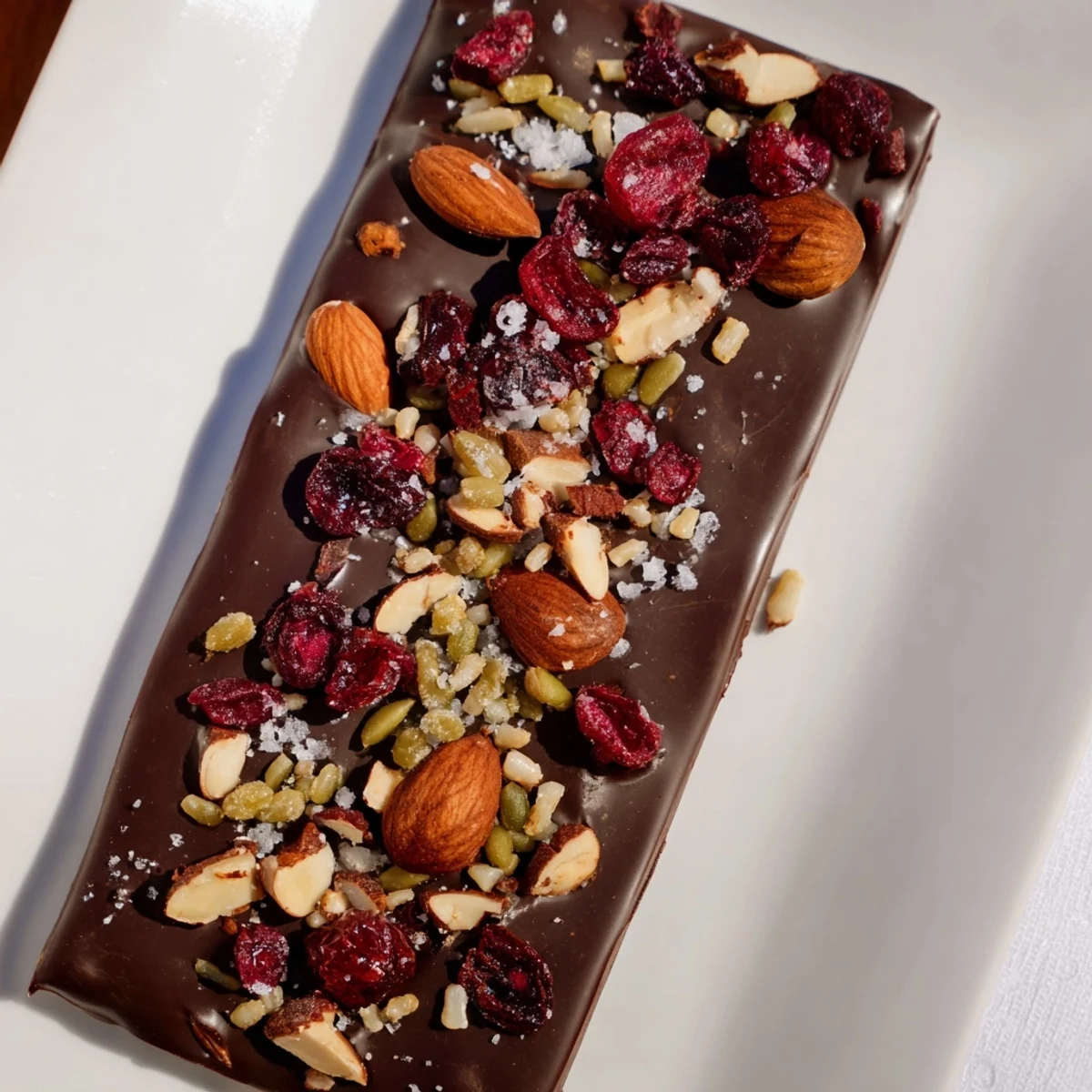 A close-up of a delectable chocolate bar, topped with nuts and sea salt, ready to be enjoyed.
