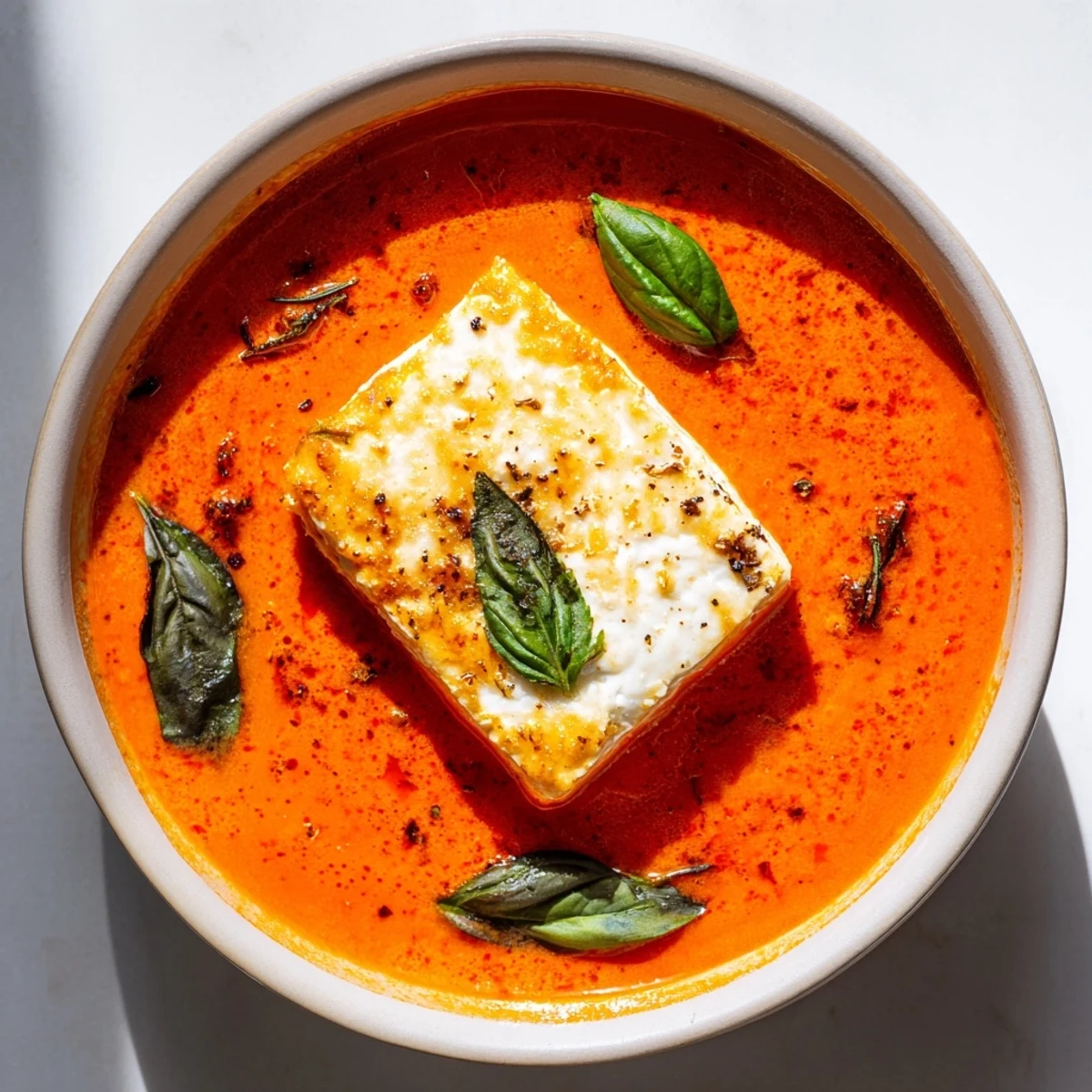 Mediterranean Roasted Feta Soup, a creamy blend of tomatoes, herbs, and warm, melted feta.