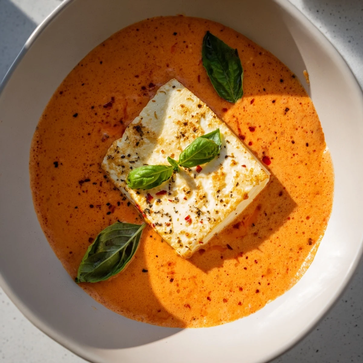 Close-up of a bowl of Roasted Feta Soup, garnished with vibrant basil and crusty bread.