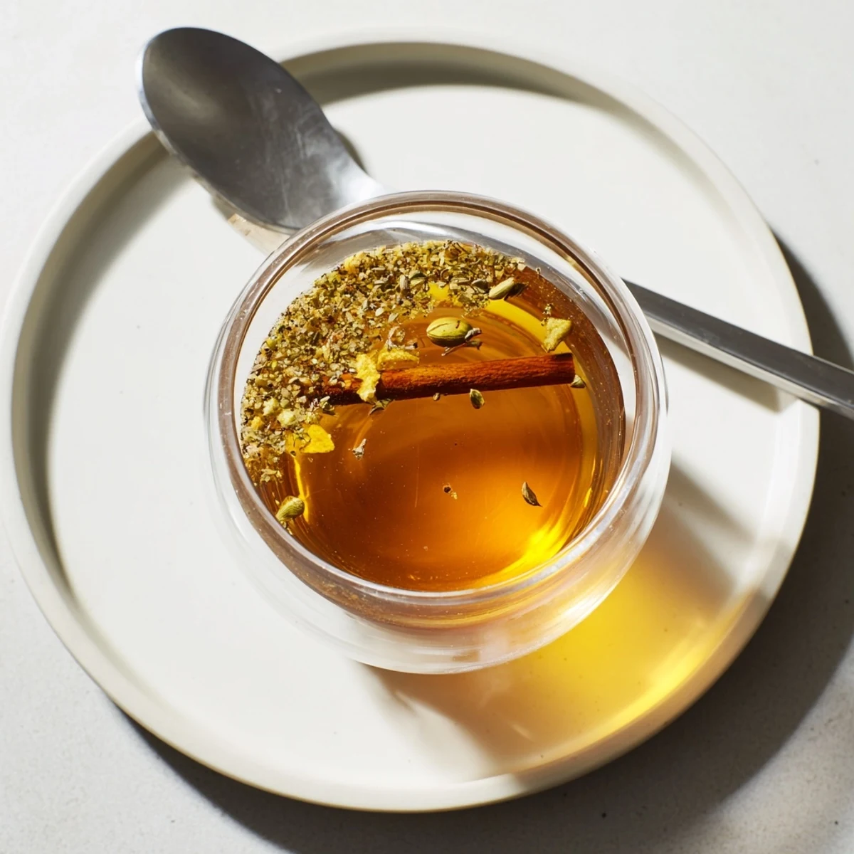 Steaming mug of Spiced Tea, a cozy beverage with fragrant spices and creamy milk atop the table.