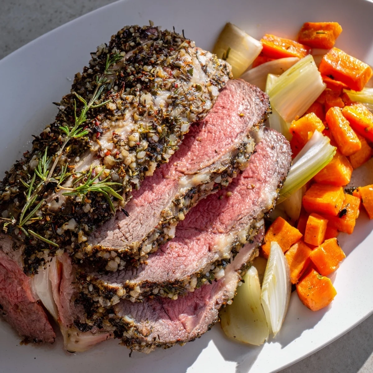 A glistening, perfectly Roasted Beef roast with tender slices, ideal for a holiday meal.
