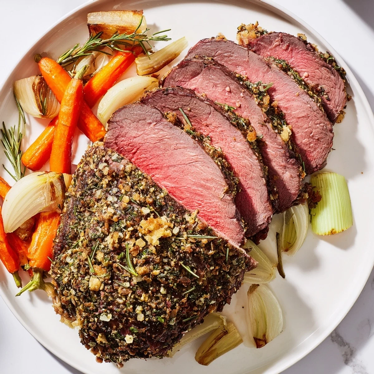 Juicy, flavorful Roasted Beef, featuring a crisp, herb-crusted exterior ready to serve.