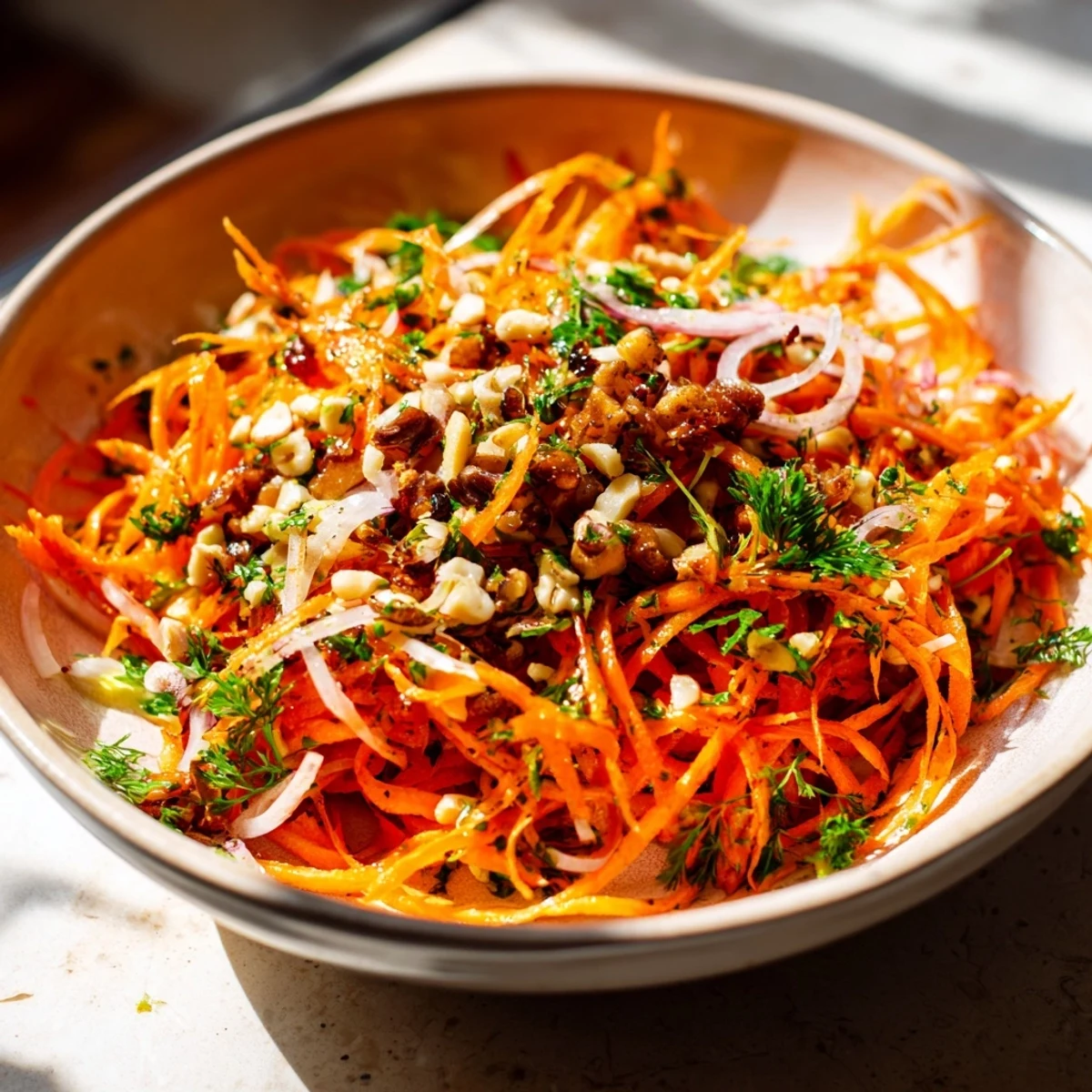 Bright citrus flavors shine in this Raw Carrot Salad, a colorful, refreshing vegetarian dish.