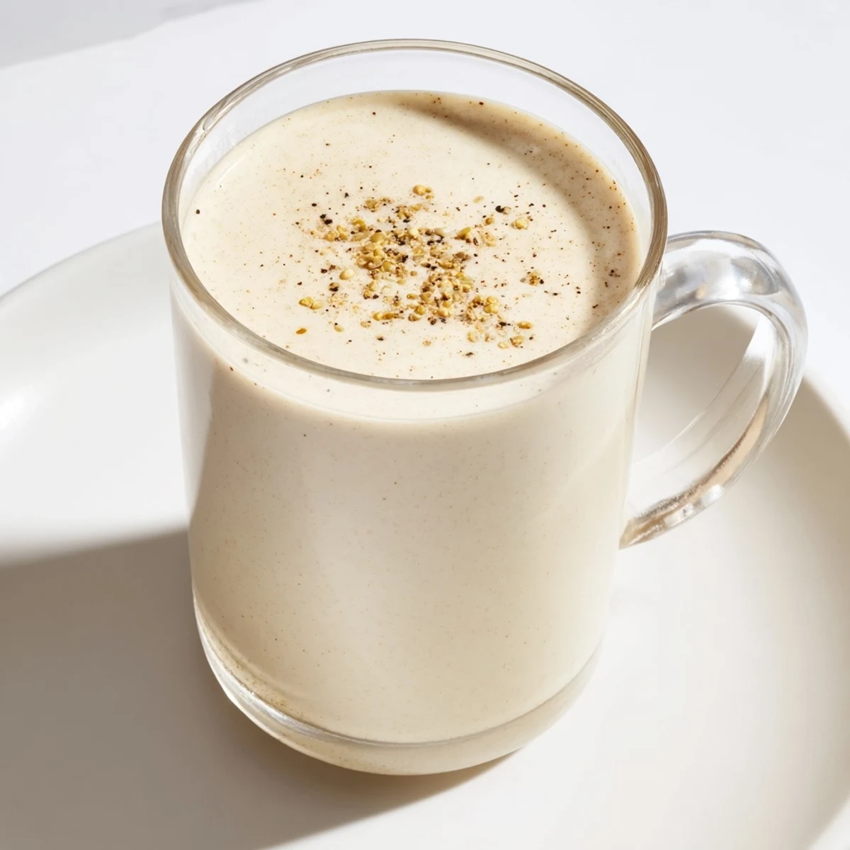Golden-hued spiced drink garnished with black pepper, a comforting beverage for brisk evenings.
