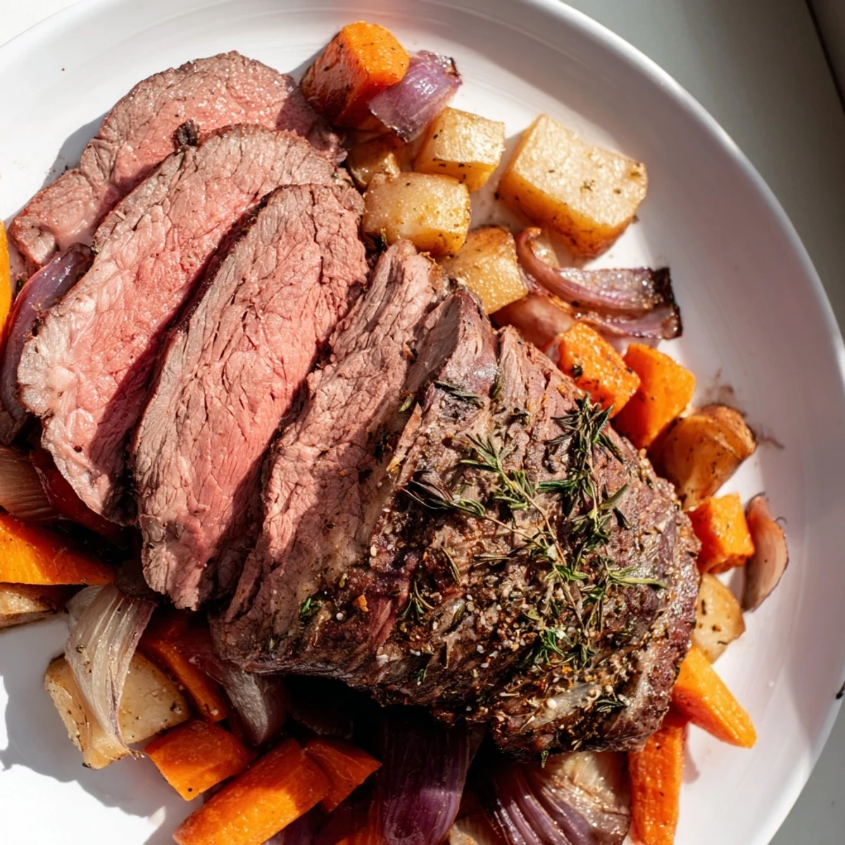 Golden-brown roasted meat, tenderly sliced and served with savory roasted vegetables, is ready.