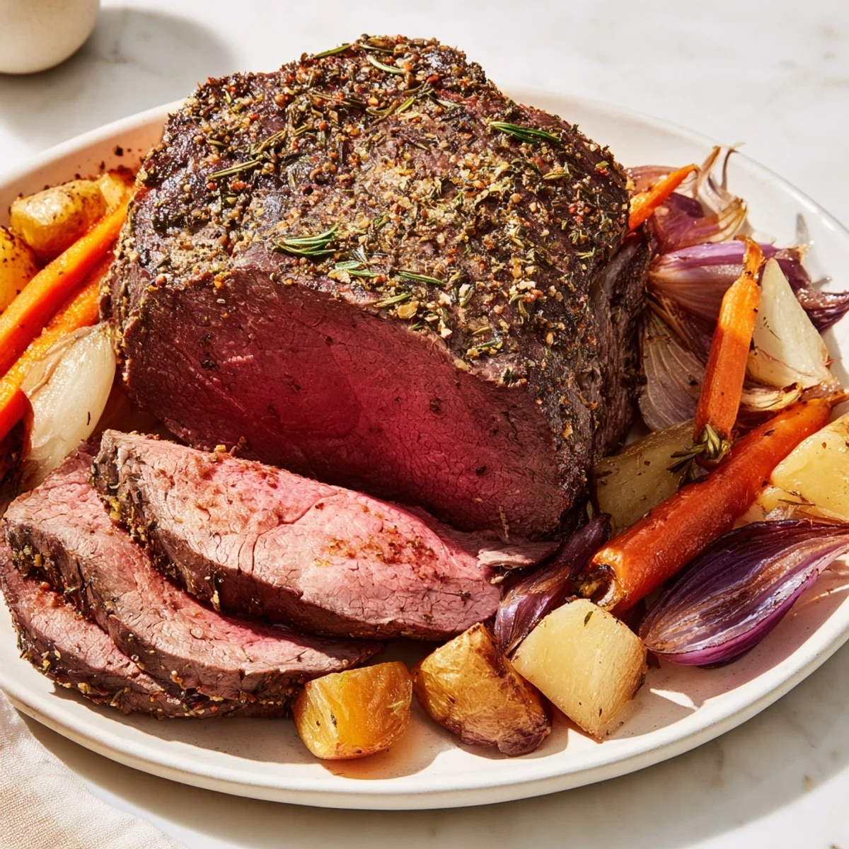 A close-up of perfectly roasted meat, with vibrant vegetables ready to be enjoyed as a meal.