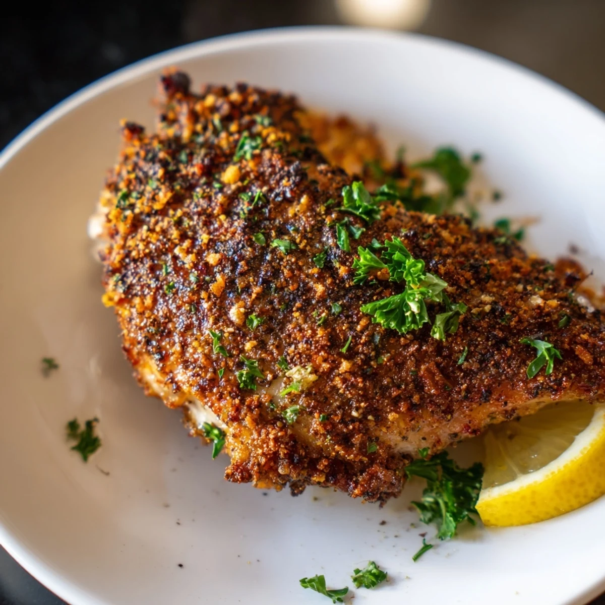 Juicy baked chicken, ready to enjoy, with glistening herbs and perfectly cooked meat.