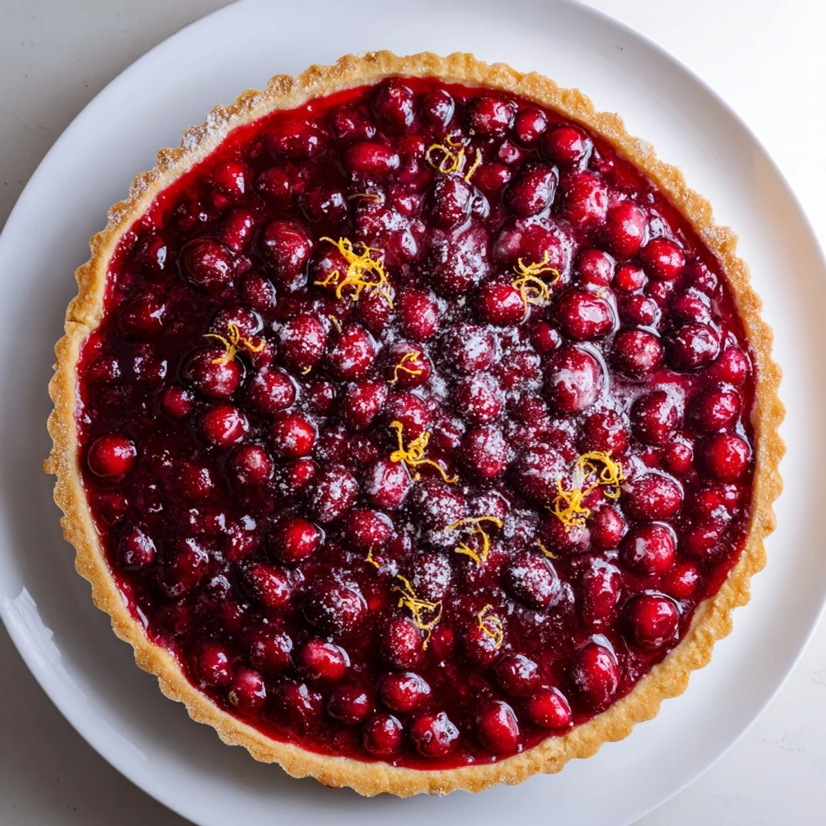 Cranberry Tart gleams with glistening, tart cranberries in a buttery, golden crust, ready to serve.
