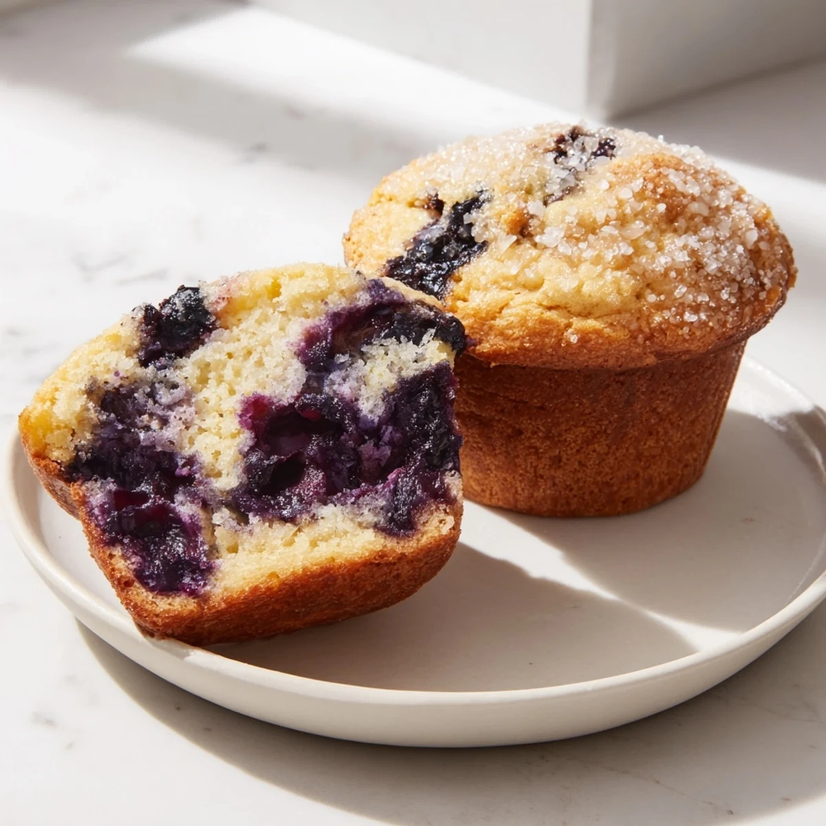 Fluffy Classic Blueberry Muffins, golden-brown and topped with coarse sugar, are ready to eat.