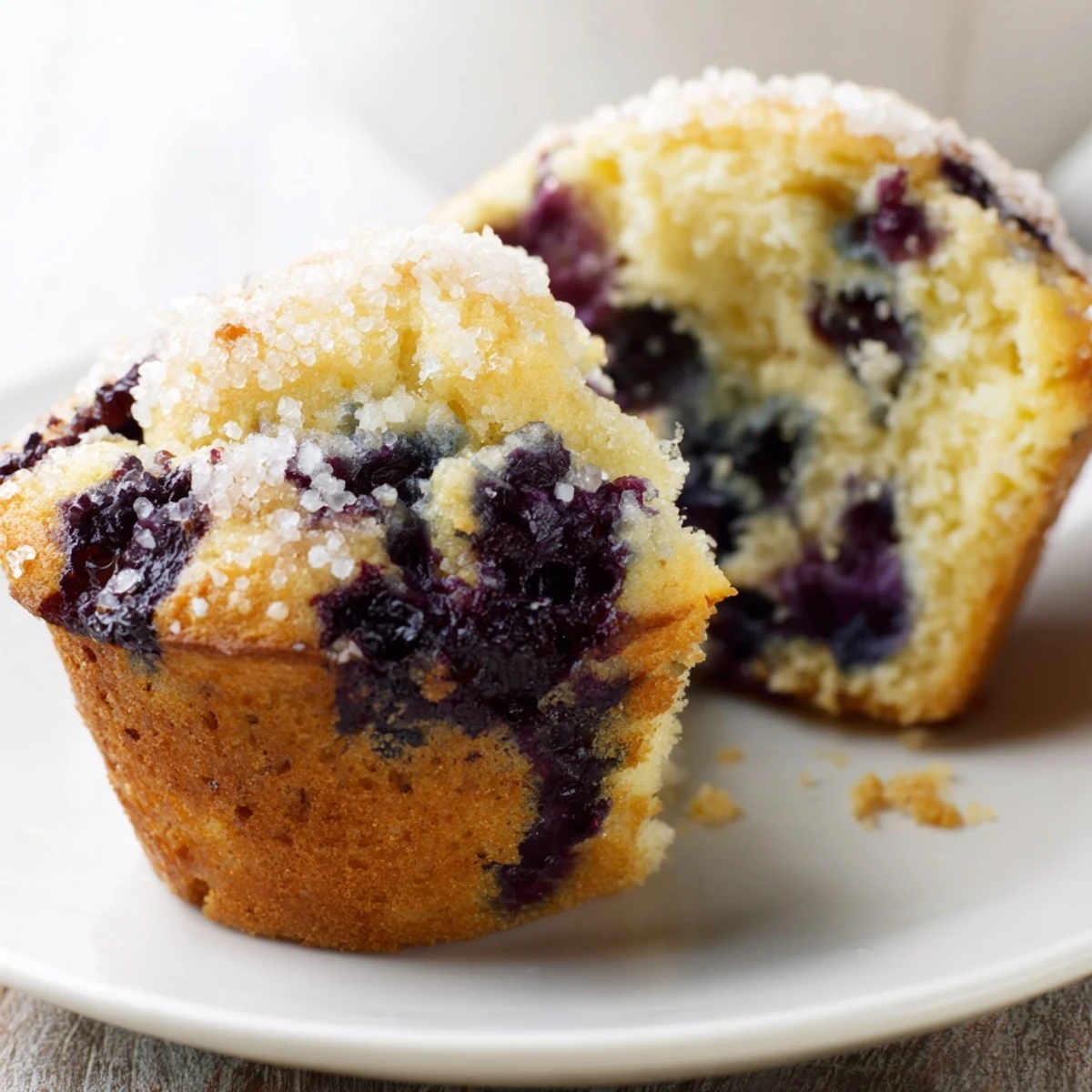 Freshly baked Classic Blueberry Muffins with juicy berries bursting from a lightly domed surface.