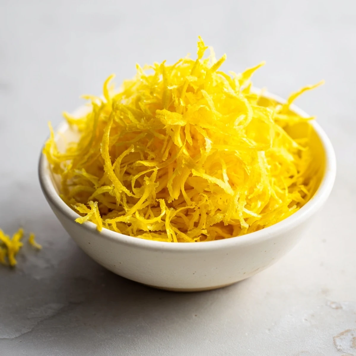 Freshly grated lemon zest, a vibrant yellow ingredient, ready to add bright citrus flavor.