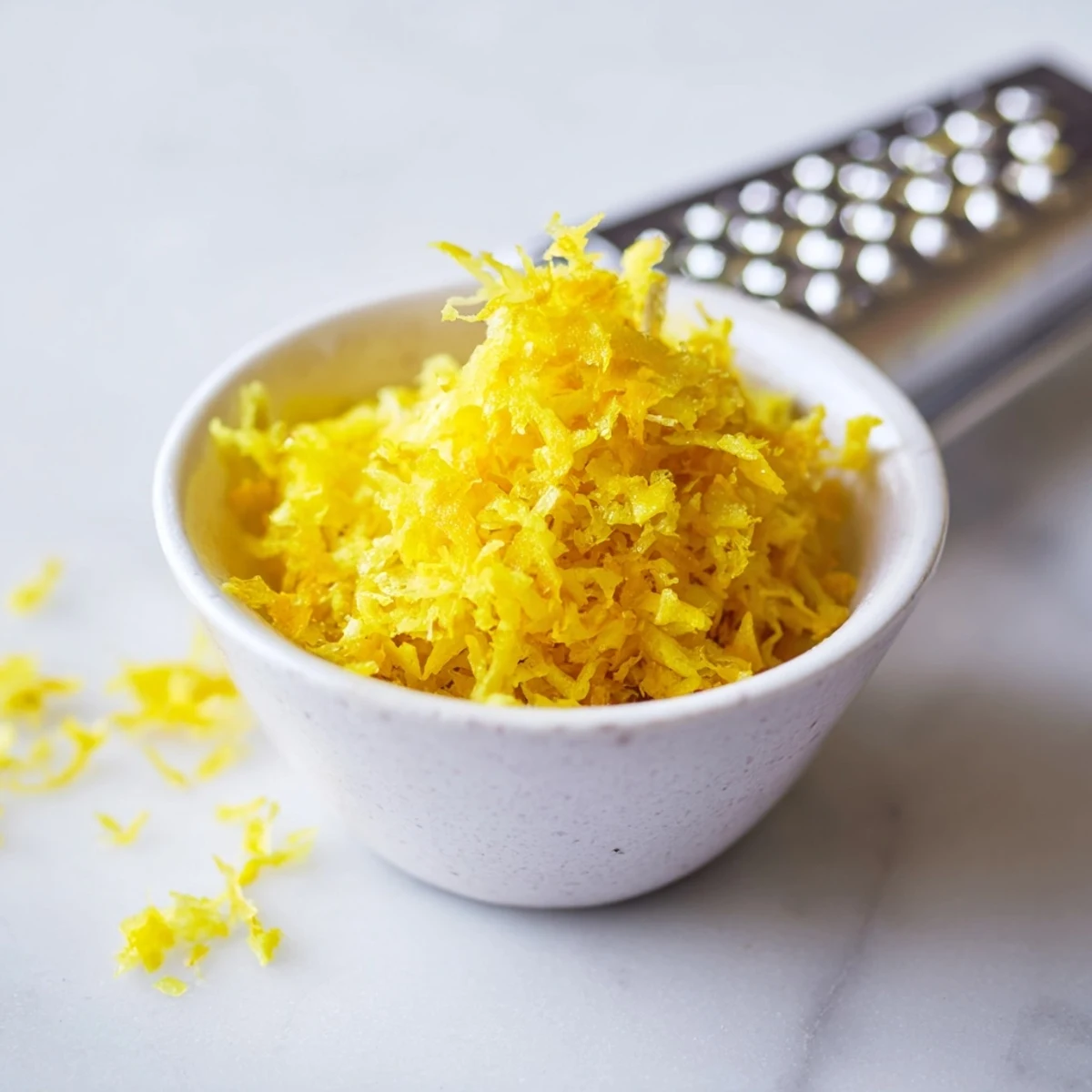 Fine strands of lemon zest, zested from the very edge of the lemon skin, ready for baking.