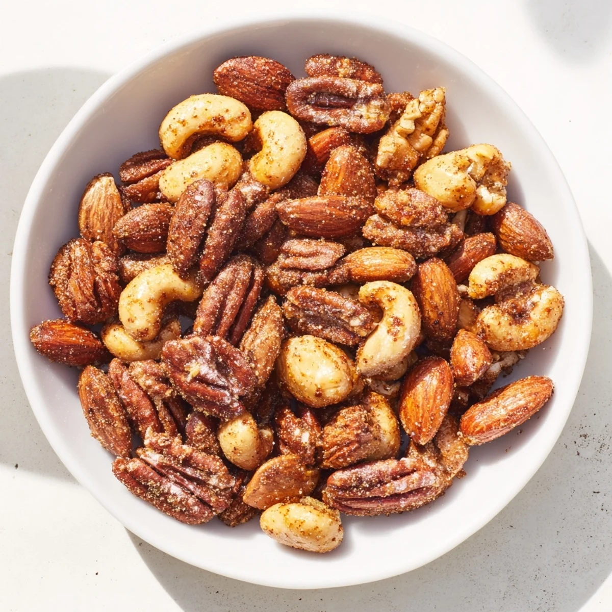 A close-up shot of freshly baked spiced nuts, coated in glistening spices, perfect for gifting.