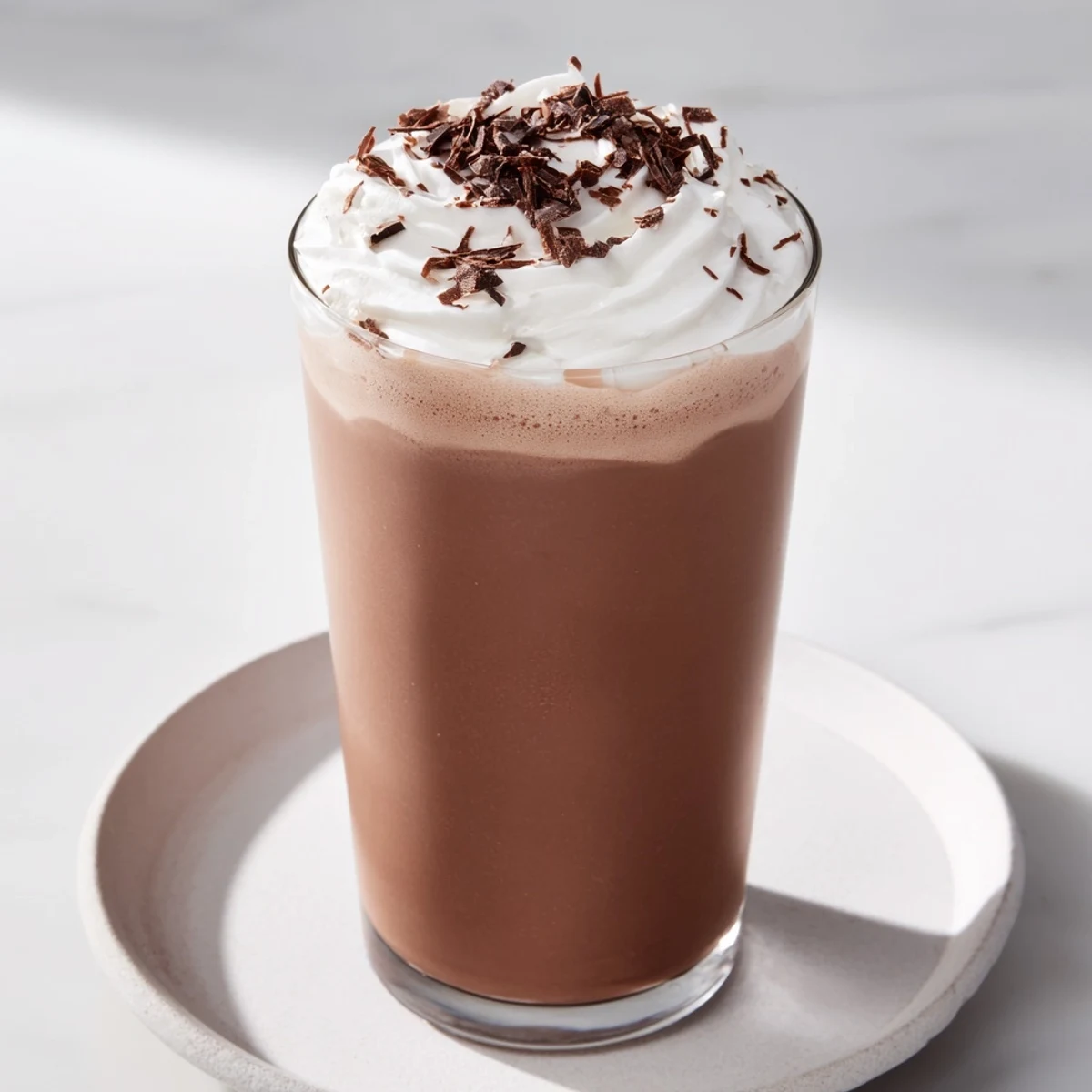 Homemade chocolate milk, a creamy dream topped with whipped cream and chocolate shavings.