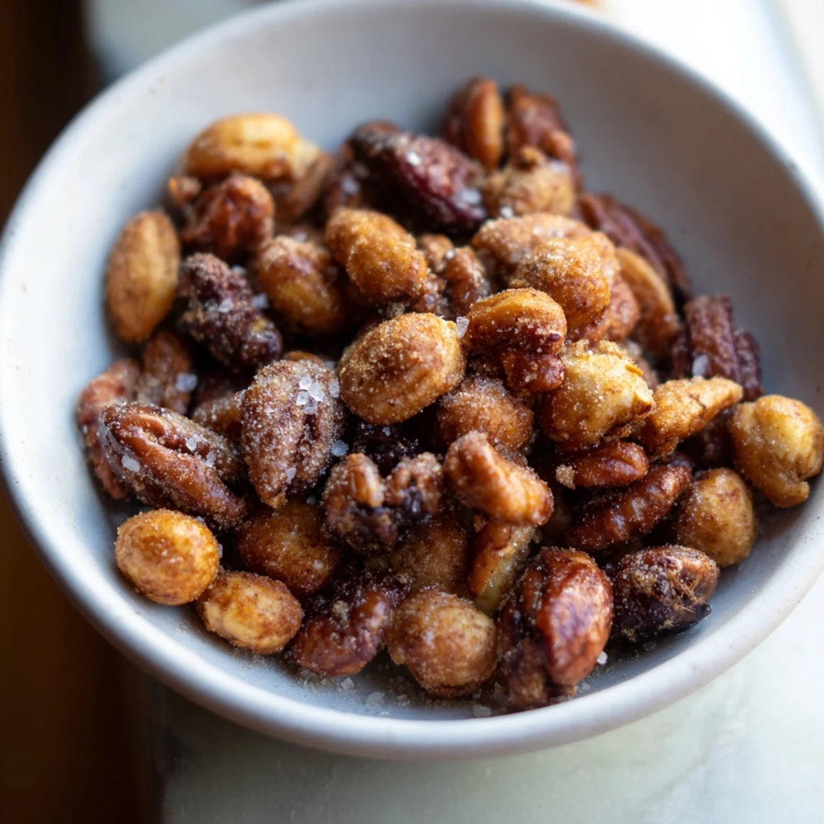 A close-up of beautifully roasted nuts, perfectly coated with sweet and savory seasonings.