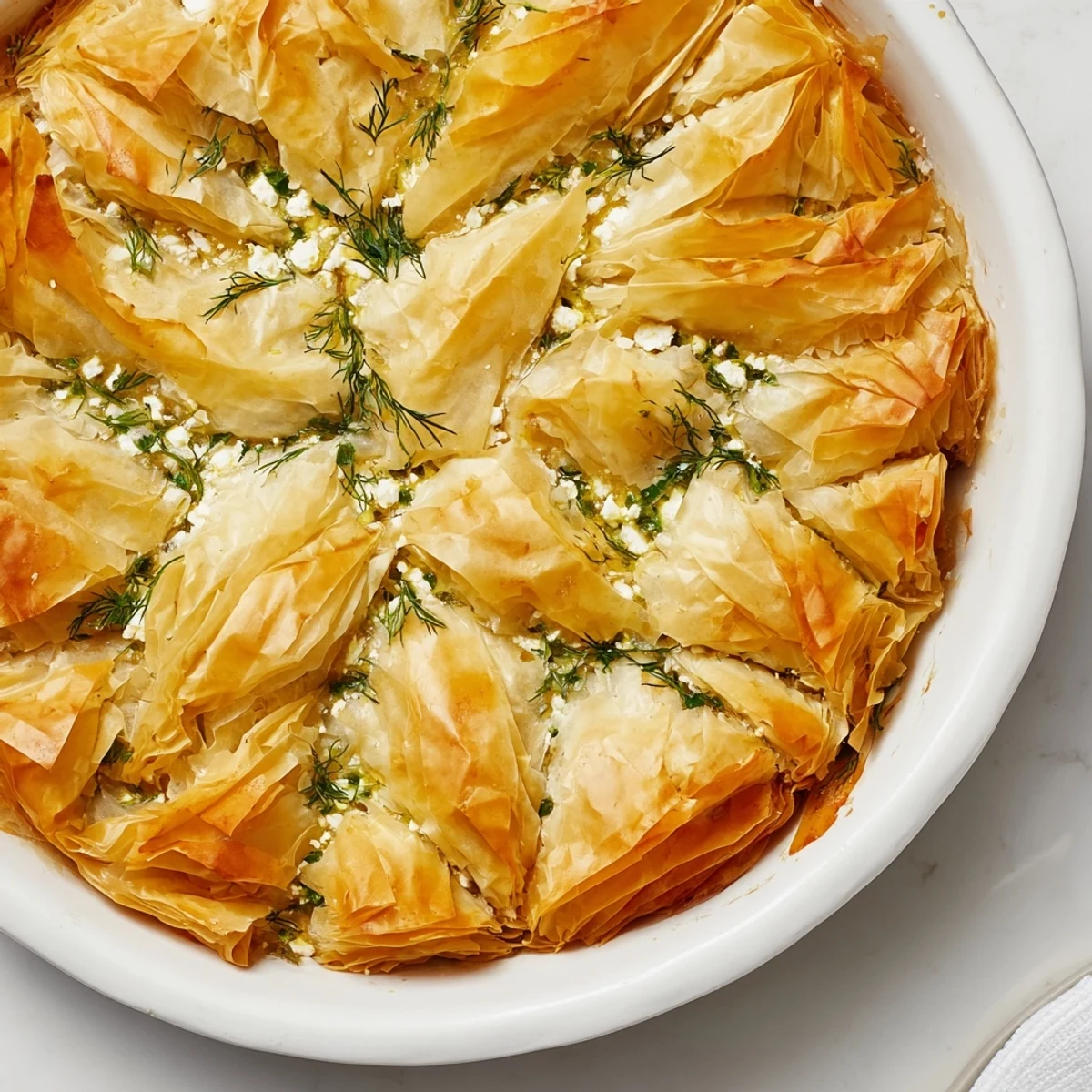 Mediterranean delight: Warm Savory Spinach and Feta Pie with a glistening, golden baked crust.
