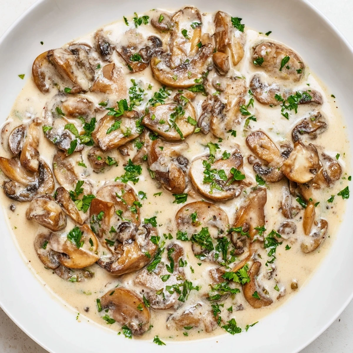 Golden brown mushrooms simmer in rich Creamy Mushroom Sauce, ideal over pasta and chicken.