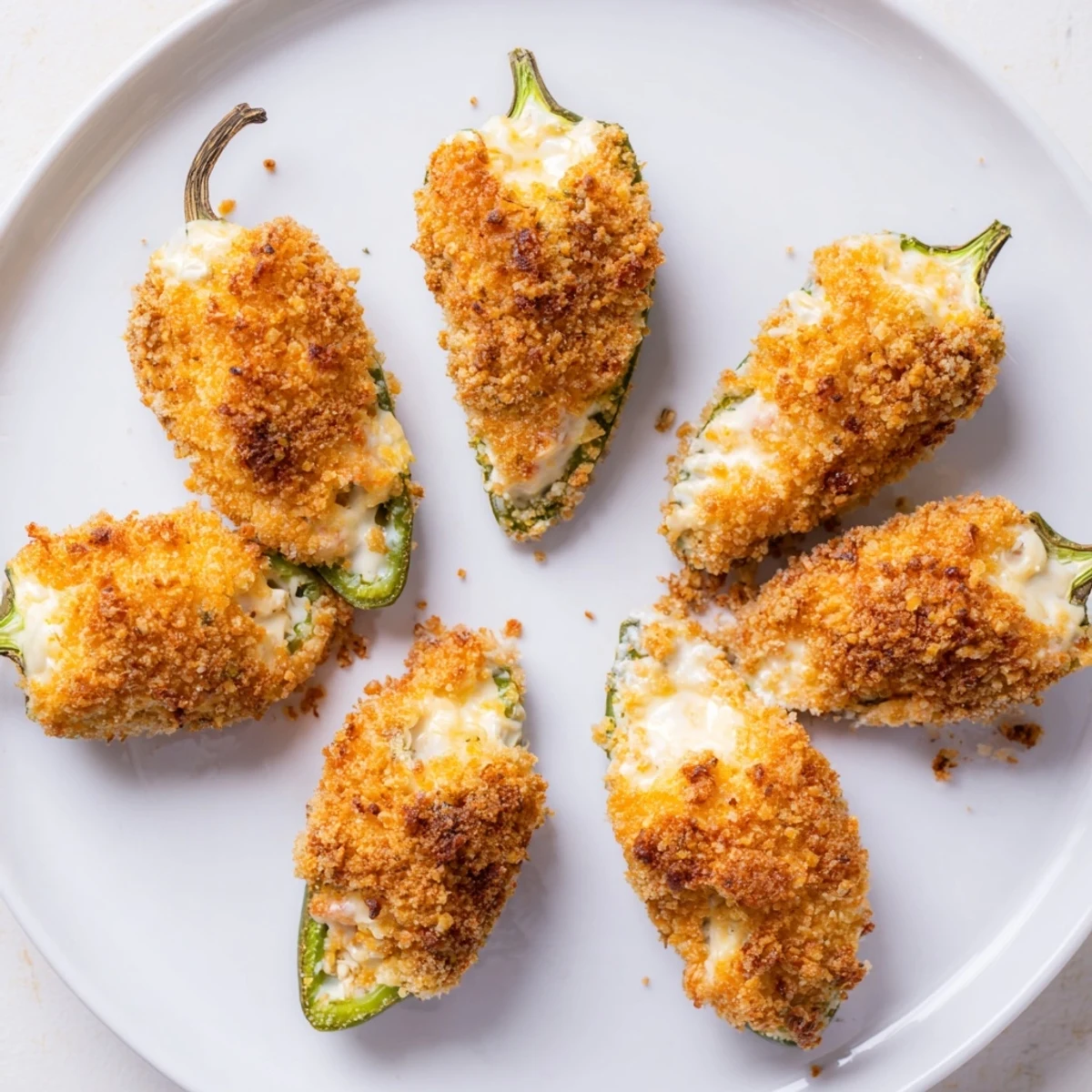 Golden, crispy-fried spicy jalapeno poppers overflowing with a creamy, cheesy filling, ready to eat.