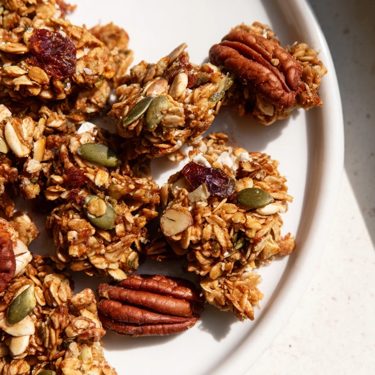 Golden, crunchy Gingerbread Granola with visible pecans and cranberries, perfect for a cozy breakfast.