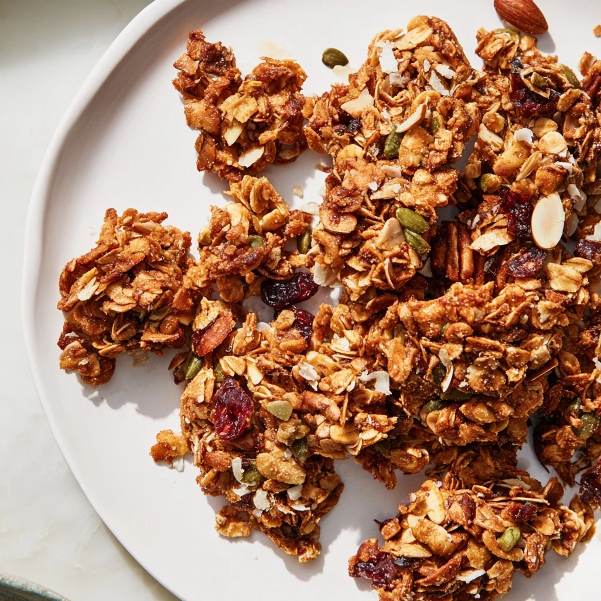A close-up of freshly baked Gingerbread Granola, showcasing toasted oats, nuts, and warming spices.