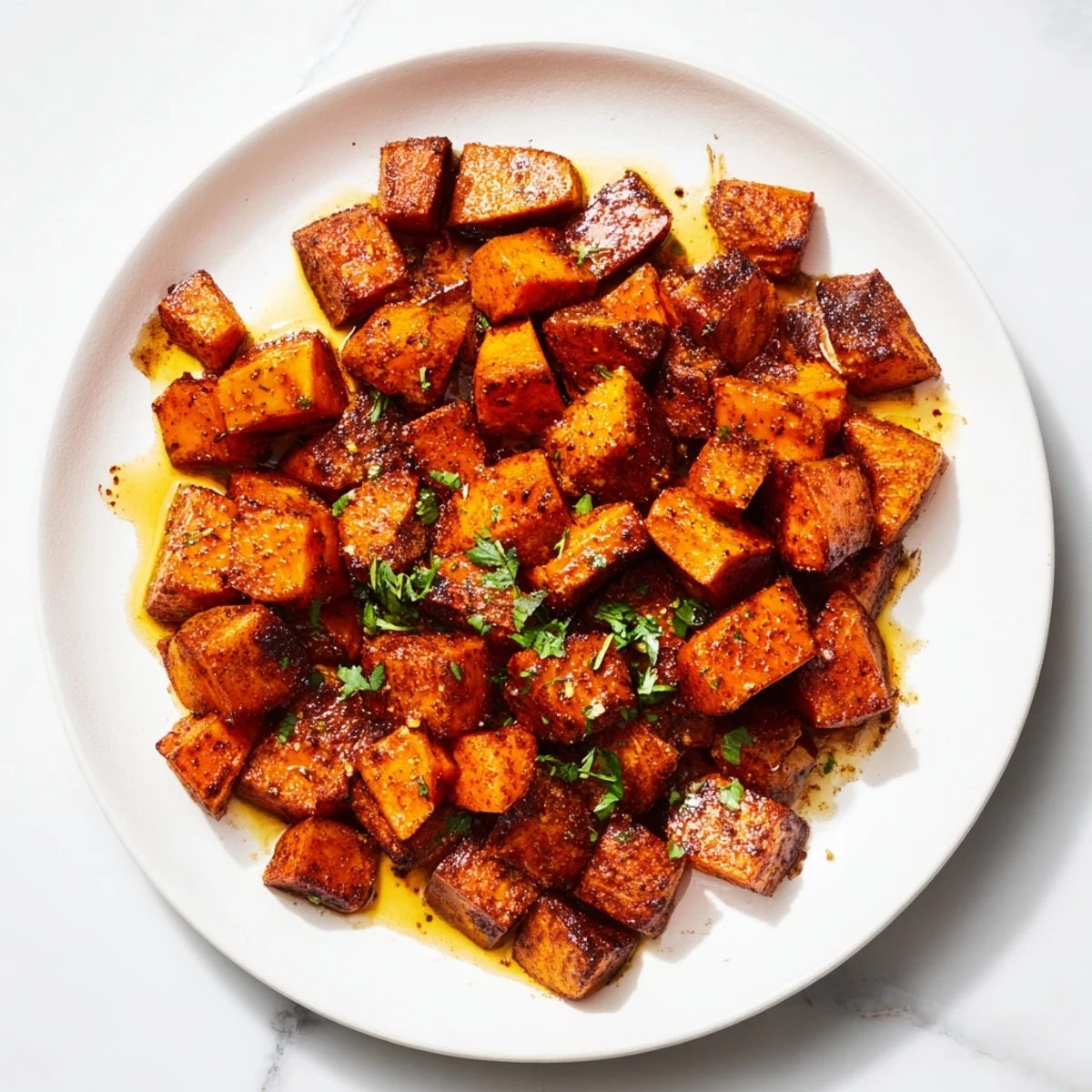 A close-up of roasted sweet potatoes with cinnamon, glistening from olive oil, ready to serve to guests.