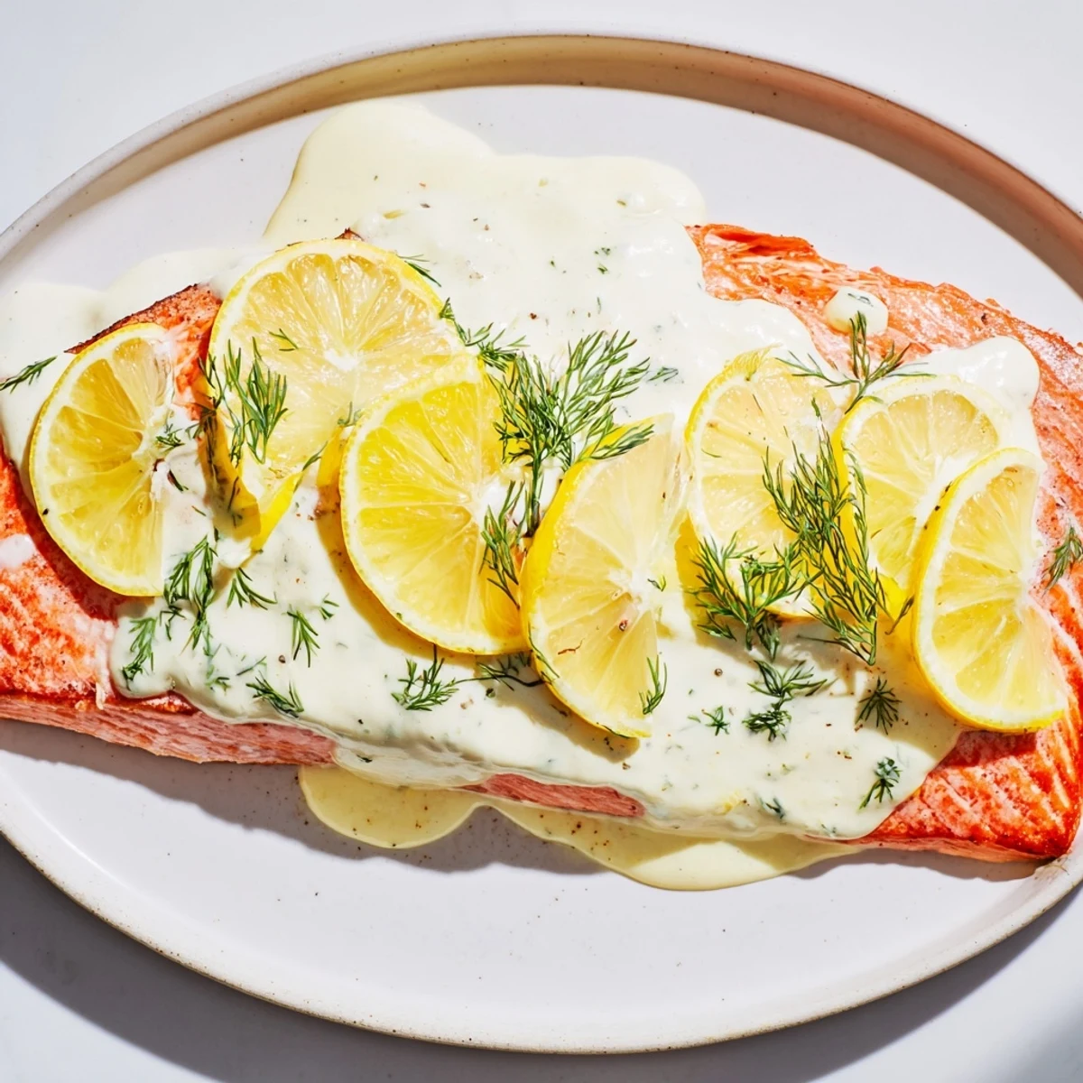 Flaky, baked salmon fillets draped in creamy dill sauce, a delicious and easy main course.